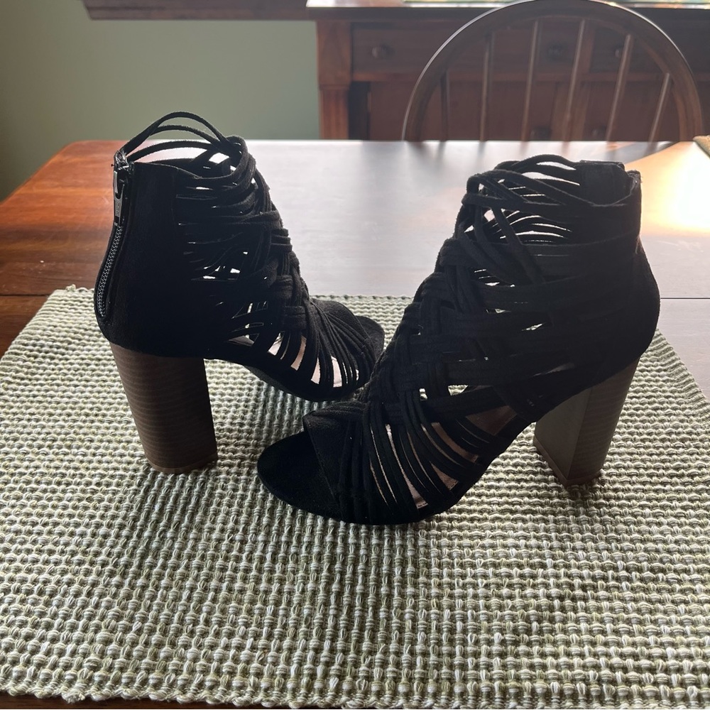 Woven black strap 3” heels by Not Rated, at Francesca’s, back zipper,  7